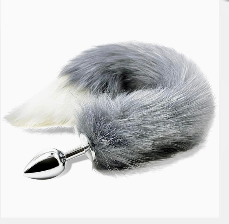 PLUG ANAL CON COLA DE ZORRO GRIS Y BLANCO