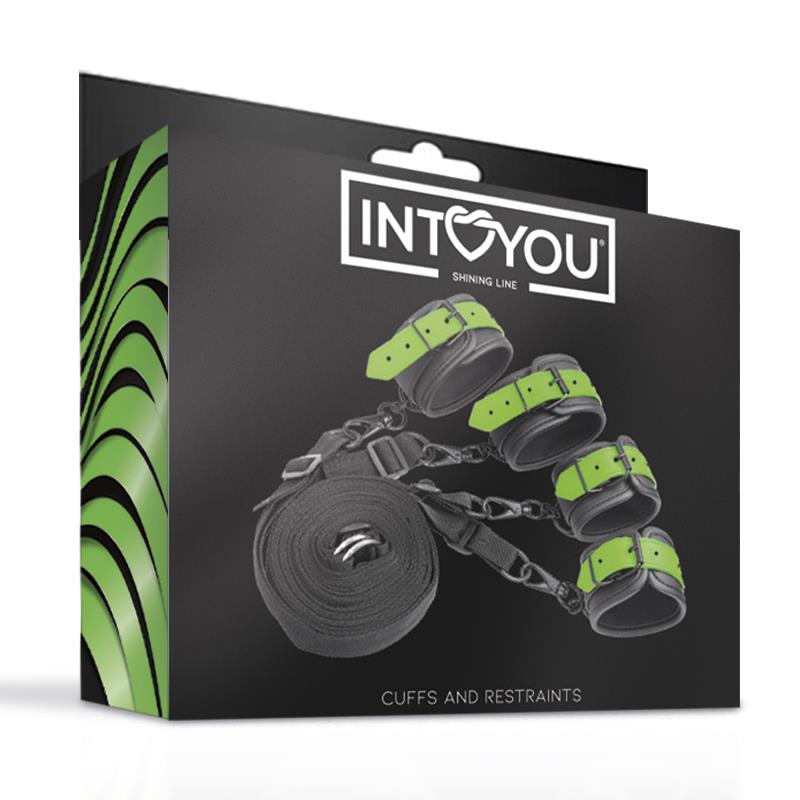 SET DE ATADURAS BDSM PARA LA CAMA CON ESPOSAS QUE BRILLAN EN LA OSCURIDAD