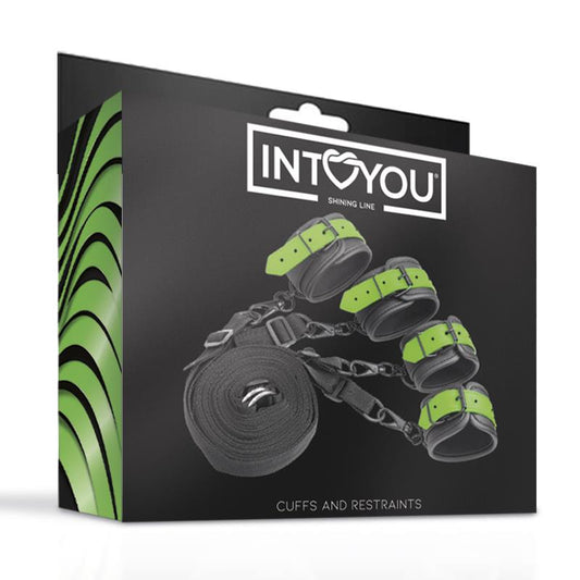 SET DE ATADURAS BDSM PARA LA CAMA CON ESPOSAS QUE BRILLAN EN LA OSCURIDAD